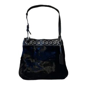 🖤 Aqua Madonna Black Calf Hair Leather Shoulder Bag with Silver Grommets